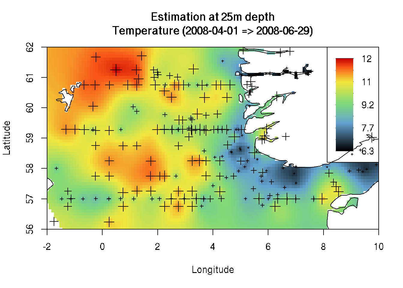 Estimated temperature off the coast of Norway in spring 2008 at 25m depth 